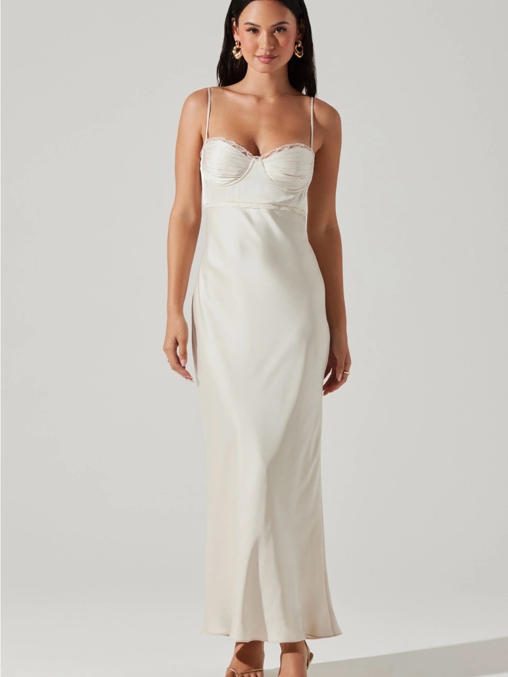 Astr Cream Satin Slip Dress with Lace-Trim Bust